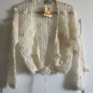 Jubi Girl 100% Wool Spider Knit 3D Flowers Appliques Open Front Cropped Cardigan